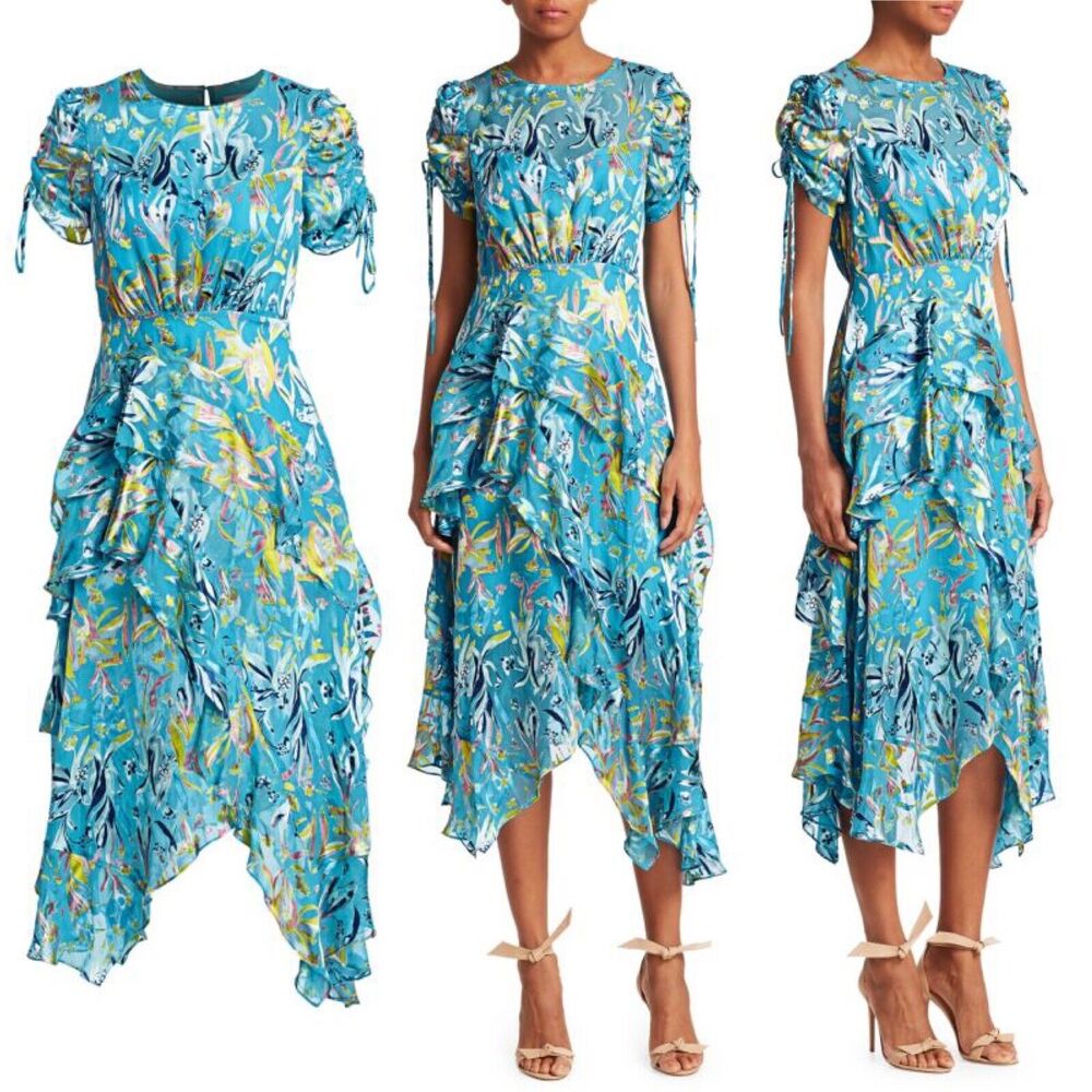Tanya Taylor Cosette Floral Ruffle Silk-Blend A-Line Handkerchief Dress Size 2